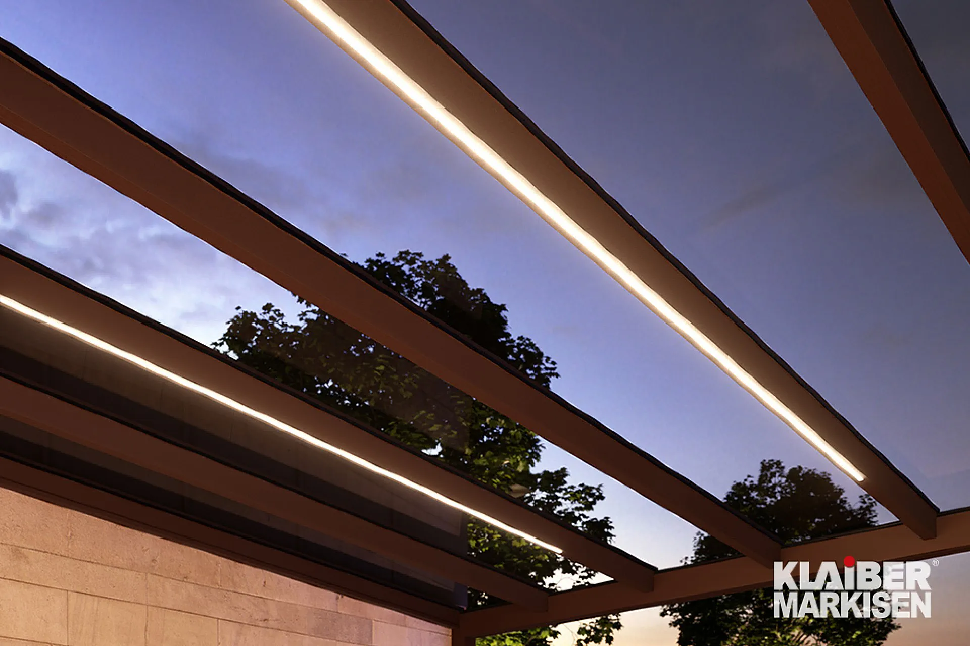 Filigranes Allwetterdach, Terrassendach, formschönes Glasdachsystem, stabile Aluminiumkonstruktion mit LED-Beleuchtung, Modell: KLAIBER GP4100