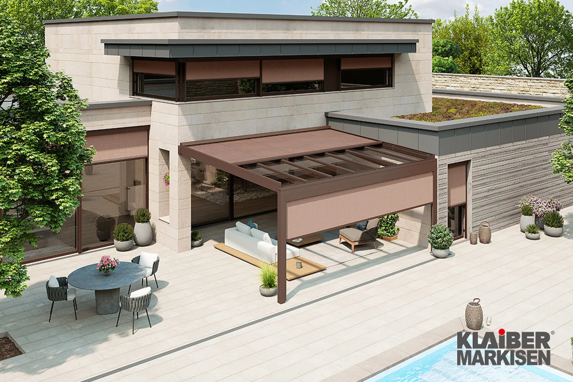 Terrassendach, stilvolle Überglasbeschattung, Ergänzung zu Wintergärten und Glasdächern, Farbe: braun, Modell: KLAIBER GP4100-PS 8000
