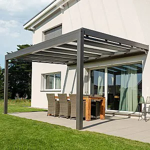Terrassendach, Allwetterdach mit oder ohne Beschattung, formschönes und filigranes Glasdachsystem, auf das Wesentliche reduziert, Farbe: anthrazit Modell: KLAIBER GP3100-PS2500